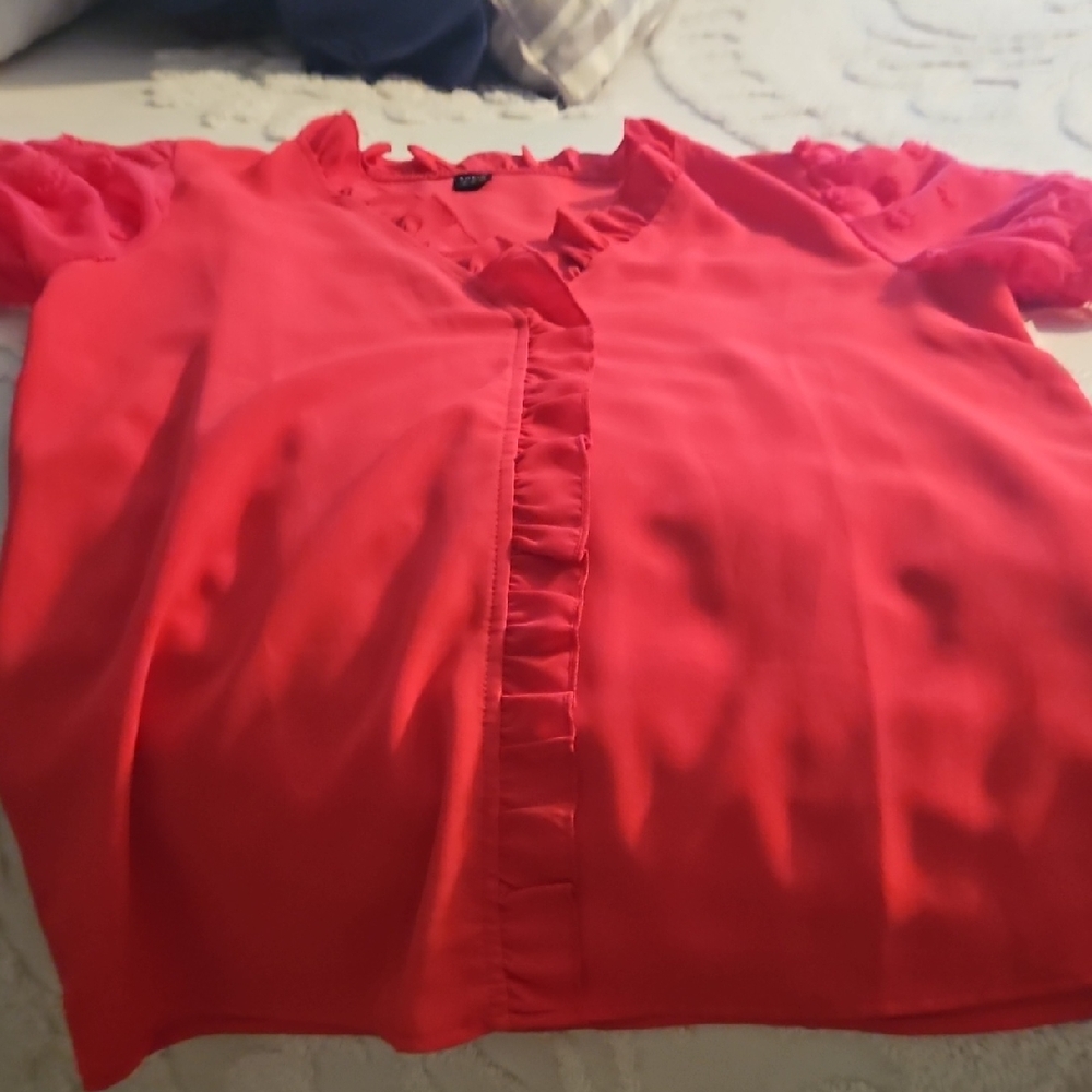 SHEIN Bright Red Ruffle-Trim Short Sleeve Top